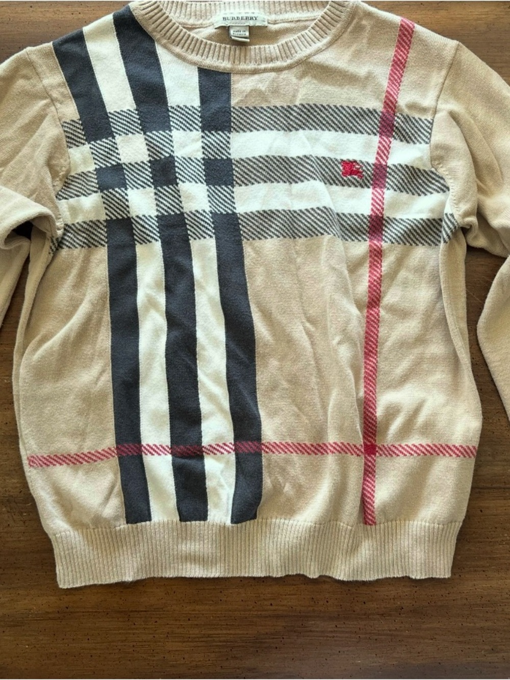 Burberry Beige Crewneck Sweater with Black and Red Check